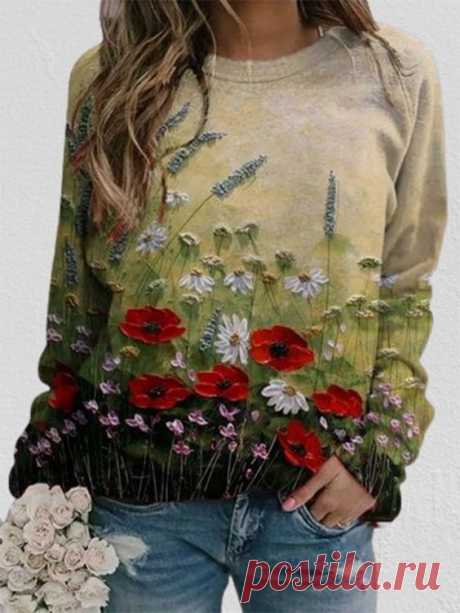 Women Floral Calico Print Long Sleeve O-neck Casual Sweatshirt is fashionable and cheap, come to JustFashionNow to find out about the Clothing