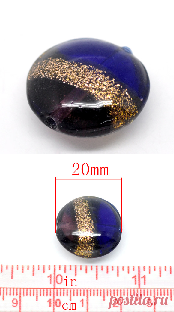 DoreenBeads стеклянные бусины плоские круглые темно синий узор окрашенная около 20,0 мм (6/8 