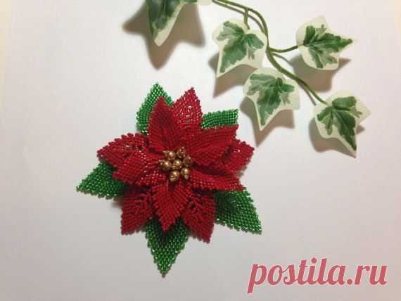 Peyote stitch Poinsettia flower Christmas Holiday Brooch