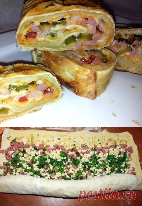 Голландский рулет (попробовать на тонком лаваше) 
-упаковка слоёного теста
-ветчина 
-сыр 
-маринованные огурцы 
-горчица
-яйцо 
-специи и
 -травы: черный молотый перец, орегано, майоран, базилик.