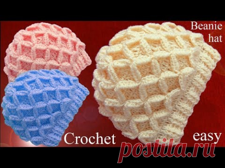 Gorro tejido en punto de rombos en relieve 3D a Crochet tallermanualperu