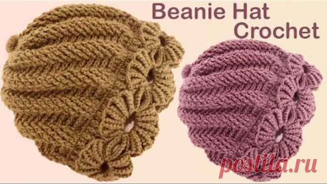 Gorro Fácil tejido en espiral remolino con flores trenzas de abanicos a Crochet