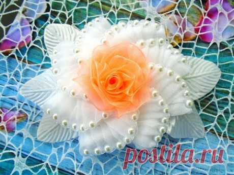 (111) Цветок из органзы с бусинками, Часть 2, МК Канзаши/ Organza flower with beads, Part 2, MK Kanzashi - YouTube