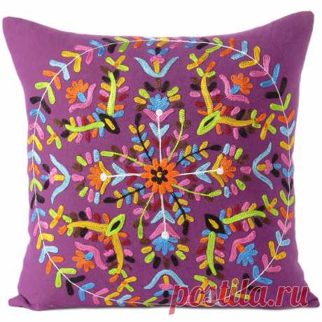Purple Embroidered Boho Colorful Decorative Bohemian Throw Pillow Couch Sofa Cushion Cover - 16" | Embroidered Pillows | Eyes of India
