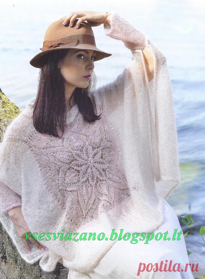 СВИТЕР-ШАЛЬ ИЗ КИДМОХЕРА. ПРОХЛАДНОЕ ЛЕТО!
РАЗМЕР: 38-42
ВАМ ПОТРЕБУЕТСЯ:  200 г пряжи KID MOCHAIR (25 г-240 м) двух цветов- розового и песочного, номер спиц не указан.
Прохладным летом  ( и даже холодным летом, как сейчас!) весьма необходим такой свитер-шаль-пончо! Да и темлым летом он будет кстати вечером у водоема или в городе.
Пригодится он и осенью или зимой у камина, поэтому срочно вяжем!
Красиво-то как!
ОПИСАНИЕ И СХЕМА:
СПИНКА И ПЕРЕД:
Спинка и перед вяжутся од...