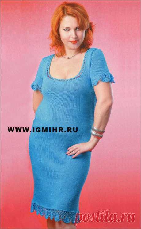 Леди plus. Эффектное бирюзовое платье с ажурной спинкой. Спицы и Крючок