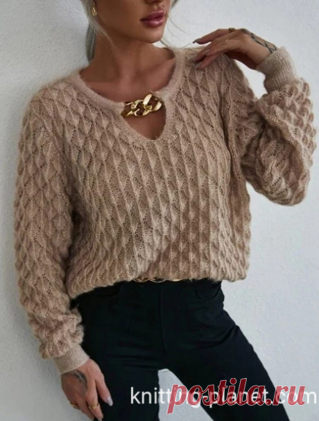 Свитер спицами узором ромбы Knitting Planet