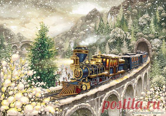 Иллюстрация Новогодний экспресс в стиле декоративный, классика, книжная графика | Illustrators.ru