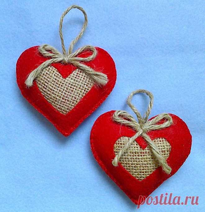 Handmade felt and burlap hearts set of 2