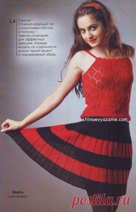 Вязание спицами красного топа и юбки в полоску / Стильное вязание