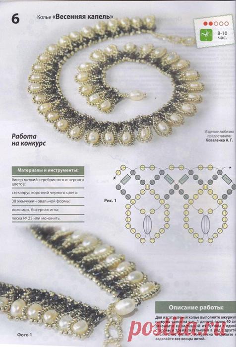 Колье Весенняя капель. Ажурная сетка с жемчугом