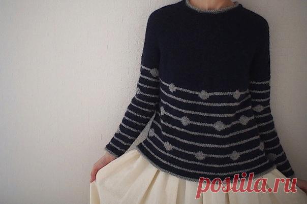 Пуловер Dortipe от Motoko Takahashi
Перевод Russa_N( мой_перевод)

Пуловер Dotripe вяжется сверху вниз вкруговую с узором из полосок с формированием укороченных рядов.

РАЗМЕР М
Окружность груди: 100cм, с прибавкой на свободу облегания 16 cм.
Длина(спинка): 61cм
Это бесплатное описание имеет только один размер и не было протестировано, поэтому оно бесплатное! Пожалуйста, дайте знать автору, если в описании есть ошибки, она исправит его как можно быстрее.