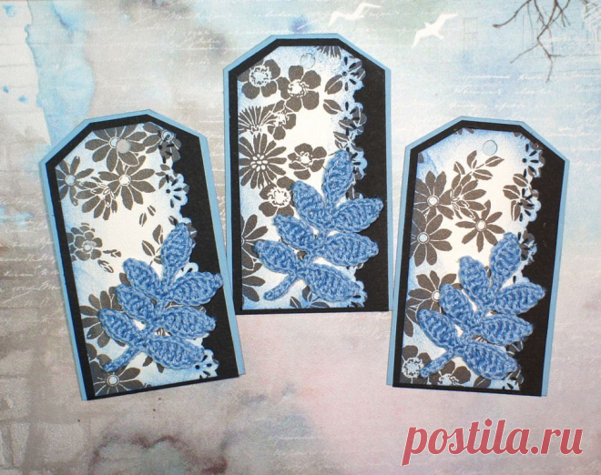 Открытки,теги,бирки - Тег (бирка) с веточкой (голубой), 3 шт