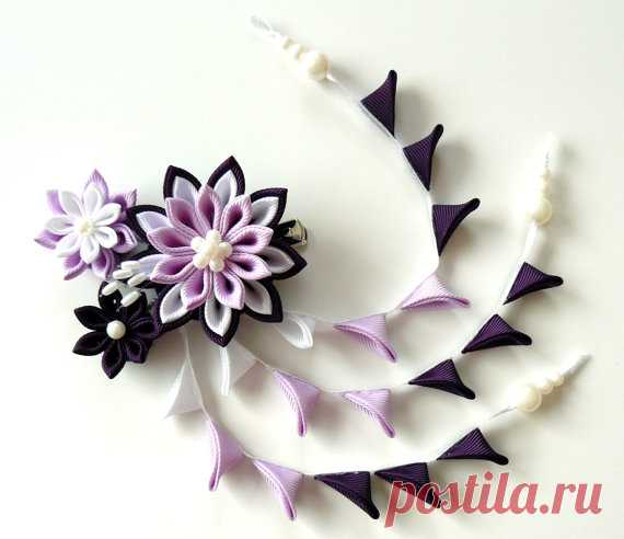 Kanzashi fabric flowers bridal hair clip with falls. от JuLVa