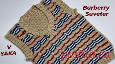 V YAKA SÜVETER MODELİ BURBERRY DESENLİ EKOSE SÜVETER MODELİ