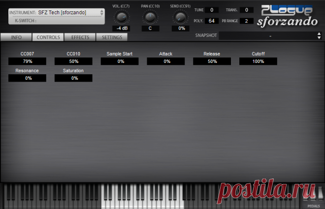 Plogue | sforzando :: Free SFZ Player.  Advanced sample hobbyists now have a powerful tool to experiment and share instruments without relying on proprietary formats. sforzando has only one instrument slot; no fancy UI, effects or mixers. Every tweak has to be done at the SFZ file level, no cheating!sforzando is also a name given for a sudden change in music dynamics which, in musical notation, is represented by the “sfz” symbol.