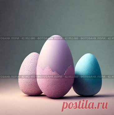 Three pink and blue Easter eggs. The eggs are arranged in a row, the pink one in the middle is cracked open. AI generative art. Стоковое AI-изображение, AI-художник Ilaronsia / Фотобанк Лори
