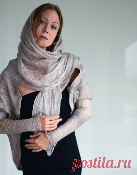 Modern drape body wrap sweater nuno felted from wool and от vilte