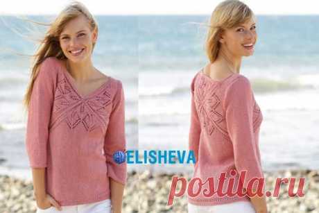 Джемпер с узорами на груди и спине от Drops Design вязаный спицами | Блог elisheva.ru