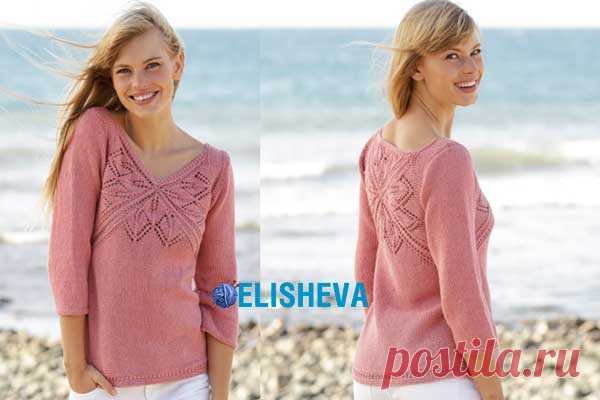 Джемпер с узорами на груди и спине от Drops Design вязаный спицами | Блог elisheva.ru