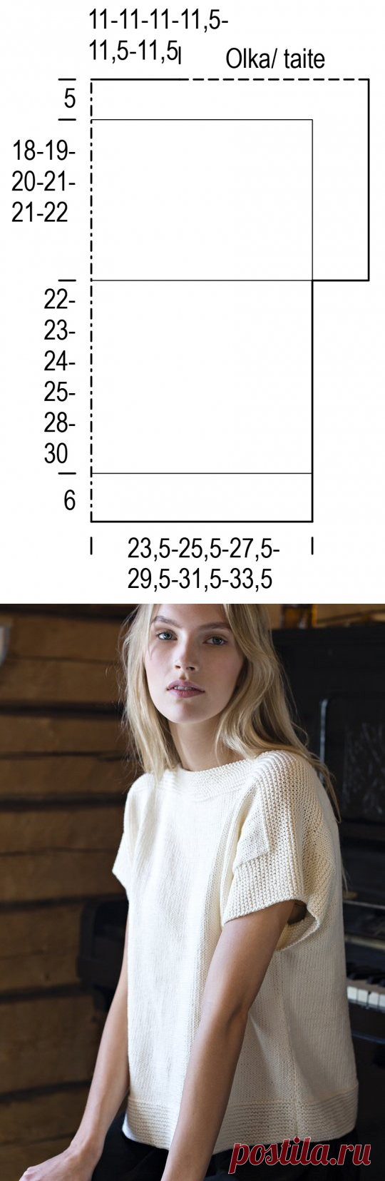 Летний топ с цельнокроеным рукавом. Модель вяжется одной деталью, начиная от нижнего края переда.Спицы