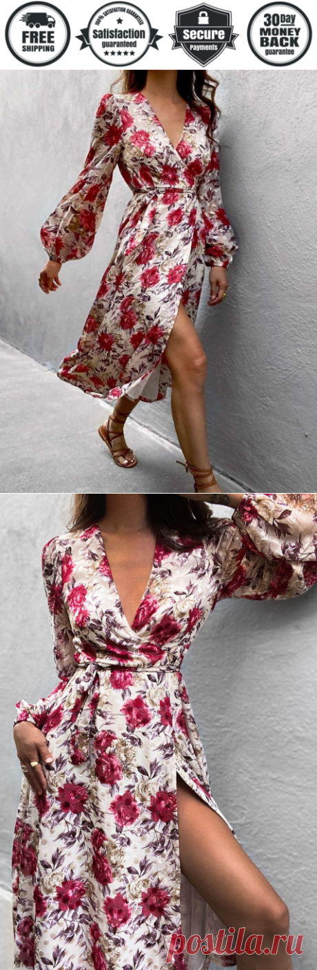 Fashion Floral print V neck Long sleeve Skater Dresses - Cicicloth