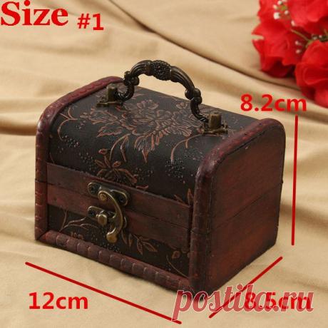 Retro Printed Wooden Jewelry Box Storage Holder Case With Handle - US$4.20