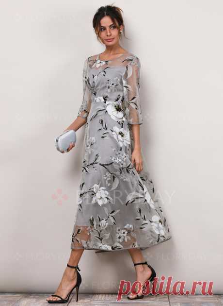 Vestidos Elegante Floral Midi de Manga 3/4 - Floryday