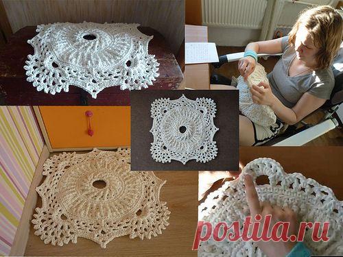 Ажурный ковер связанный своими руками из полиэфирного шнура. Мастер класс..