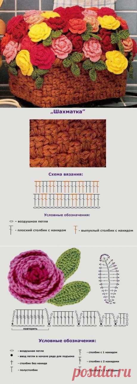 Корзина с розами, связанная крючком. Мастер-класс