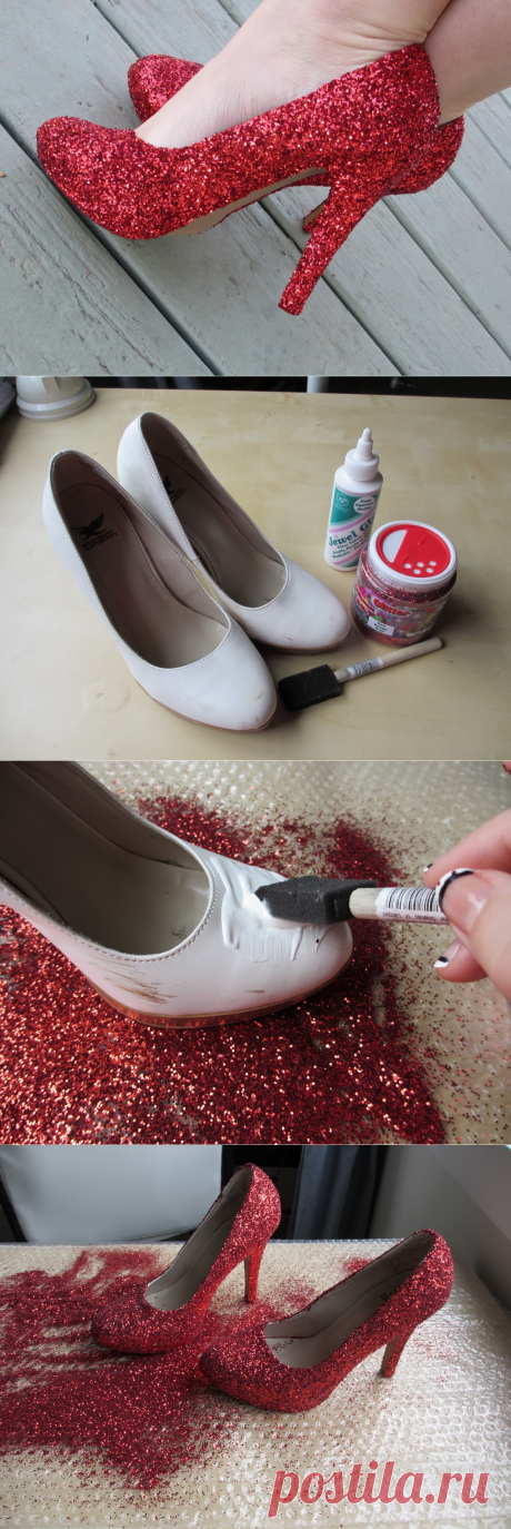 Преображаем туфли в новогодние при помощи клея и блесток.