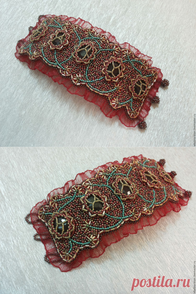 Купить Вышитый бисером браслет "Королевский виноградник" - бордовый, винный, зеленый, золотистый, золотой, виноград