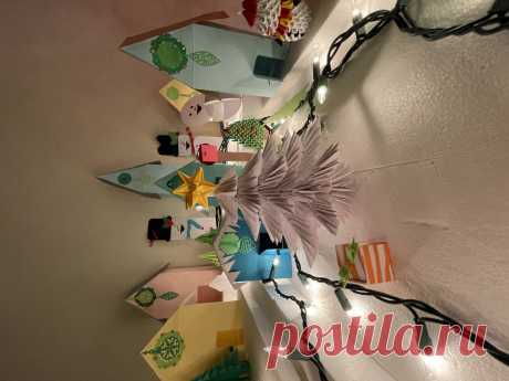 Origami Christmas village. display. holiday display. holiday village display