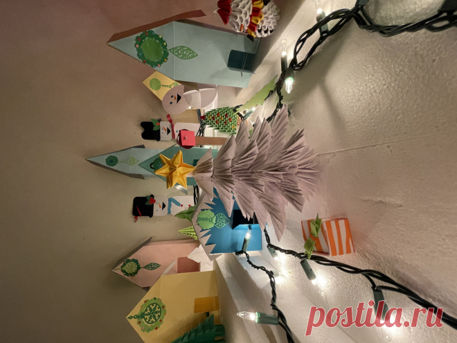 Origami Christmas village. display. holiday display. holiday village display
