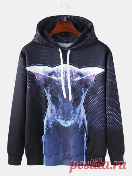 Mens 3D Animal Ombre Print Loose Kangaroo Pocket Drawstring Hoodies - US$29.99