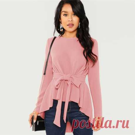 Sheinside розовая рубашка с длинными рукавами Для женщин Блузы и рубашки Осенняя Дамская завязывается поясом асимметричный подол Для женщин s Топы Элегантная блузка купить на AliExpress