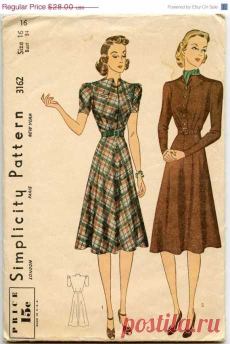 Late 1930s Dress Pattern Simplicity 3162 Misses Dress High Neck Button Bodice…