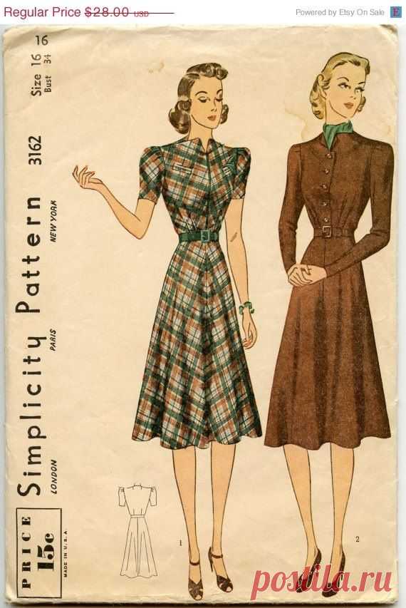 Late 1930s Dress Pattern Simplicity 3162 Misses Dress High Neck Button Bodice…