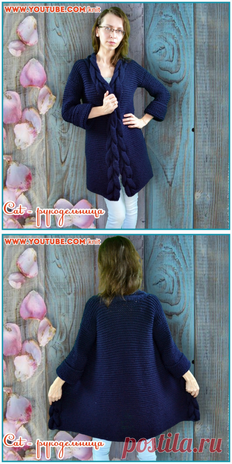 Тренд сезона - кардиган за три дня спицами платочным узором из толстой пряжи с планками - косами