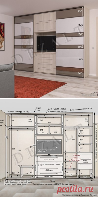 Схема шкафа-купе с телевизором внутри