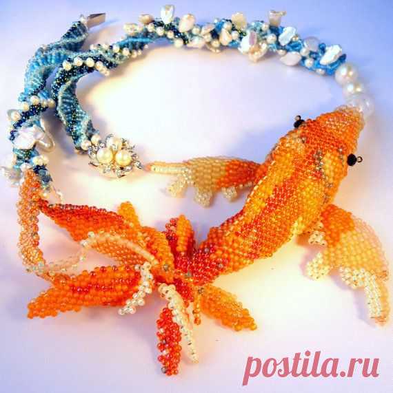 RESERVED/ LAYAWAY Kanagawa Koi II - Sculptural Beadwoven Koi Necklace…