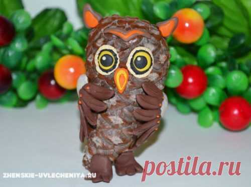 Симпатичная сова из шишки и пластилина в пошаговом мастер-классе