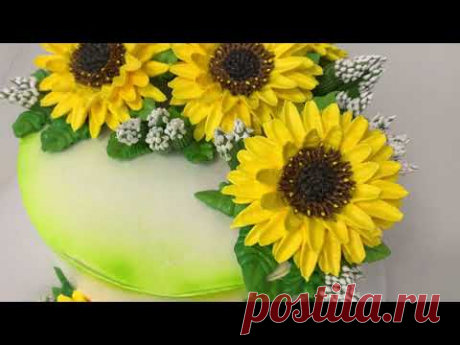 ПОДСОЛНУХИ из Белкового крема! Cake Decorating Ideas! Как украсить торт подсолнухами! Красивый торт!