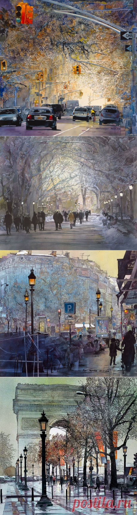 Художник John T. Salminen. Городской пейзаж в акварели.