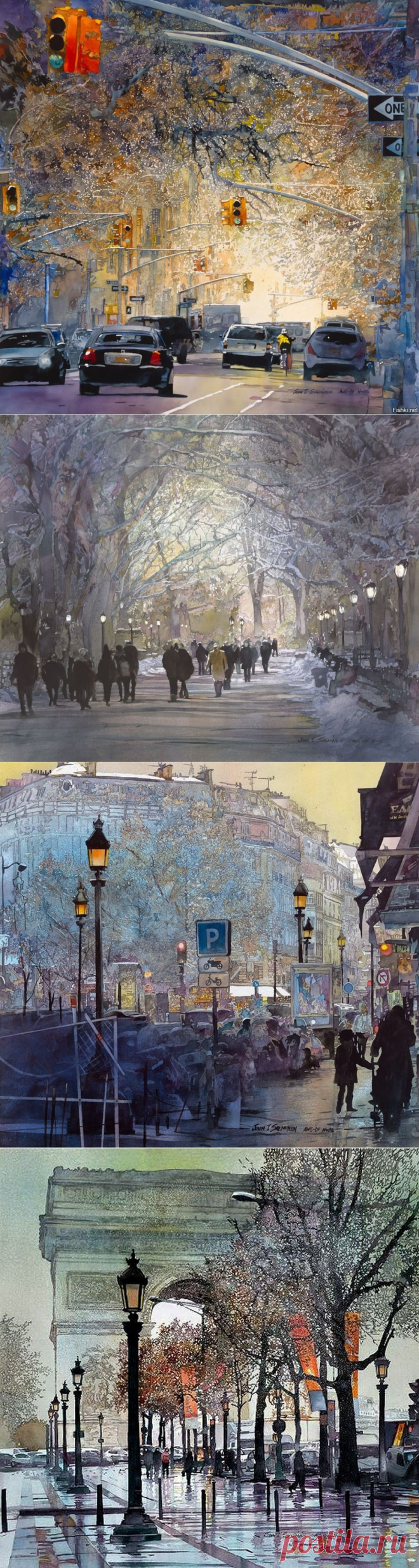 Художник John T. Salminen. Городской пейзаж в акварели.