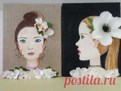 Mixed Media Girl with Flowers Wall Art. Brown от MidorisMyMuse