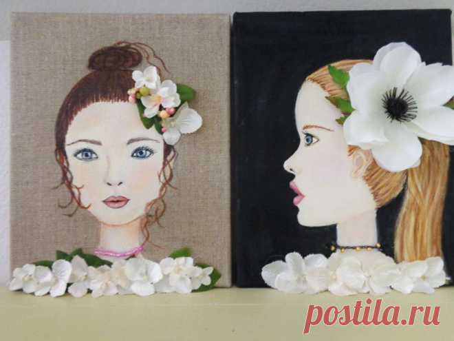 Mixed Media Girl with Flowers Wall Art. Brown от MidorisMyMuse