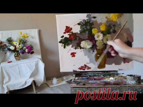 Осенние цветы. Живопись маслом. Как влияет лохматость кисти на качество живописи.