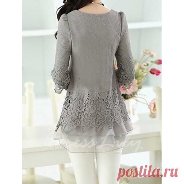 Sweet Scoop Neck Lace Splicing Long Sleeve Women's T-Shirt, GRAY, M in Tees & T-Shirts | DressLily.com