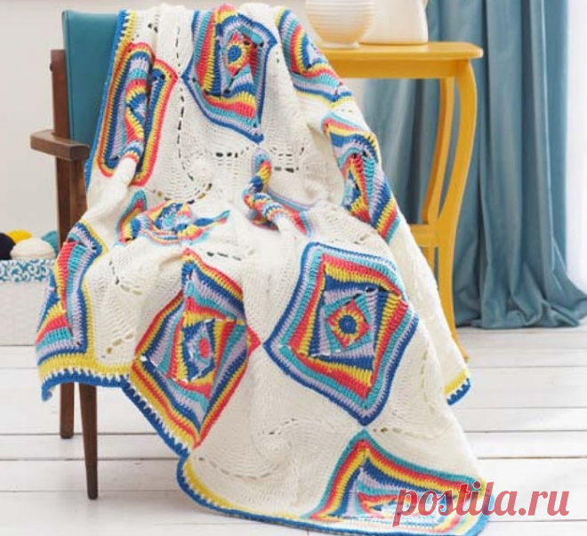 Плед из спиральных квадратов крючком. Схема. / knittingideas.ru